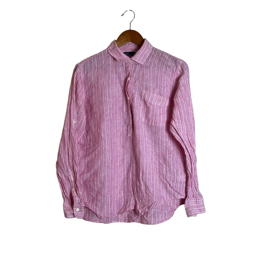 Gap pink 100% linen striped 1/2 button‎ shirt
